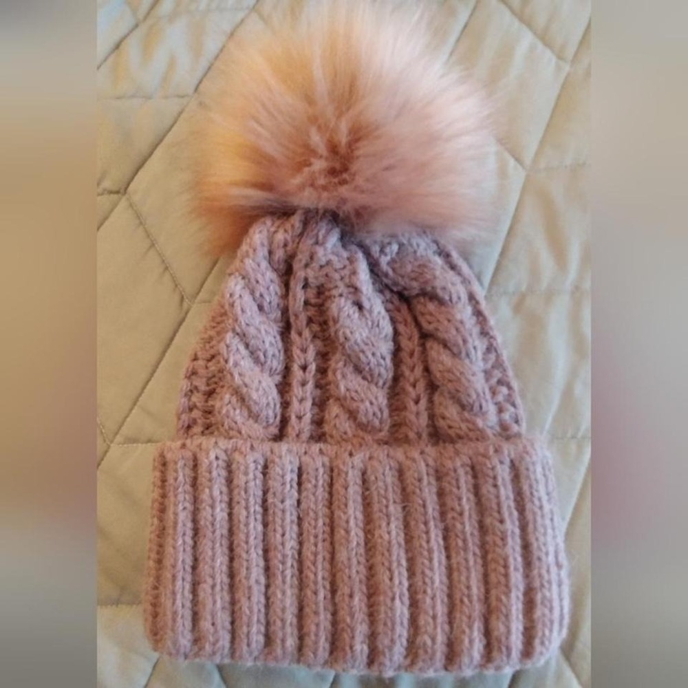 Chunky Knit Beanie Hat Faux Fur Pom Pom Cozy Winter Warm Ear Warmer Pink Purple